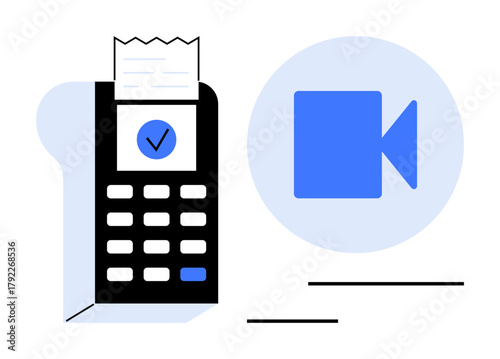 Payment terminal printing receipt with a checkmark, next to video icon. Ideal for fintech, payment, digital transactions, technology, e-commerce, multimedia online security. Simple flat metaphor