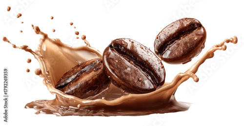 Rich coffee beans splashing in a creamy brown liquid