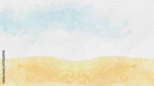 Minimalist desert landscape illustration featuring soft, pastel sandy hills against a bright, calm blue sky with light, fluffy clouds, evoking peace and natural beauty