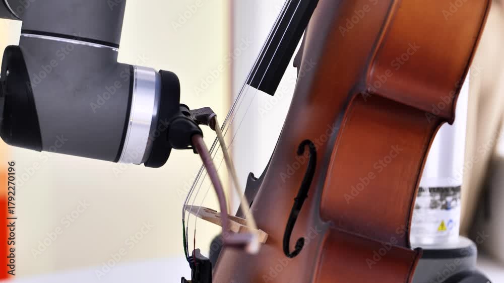 Robotic arm performing music on a cello, blending artificial intelligence and art