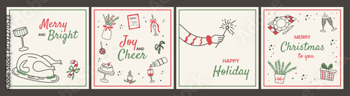 Cozy hand drawn Christmas dinner postcard set. Festive holiday table doodles and greeting card illustrations in red and green.