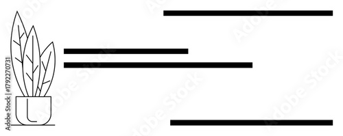 Potted plant with broad leaves beside horizontal black lines, creating a sleek design. Ideal for minimalism, nature themes, templates, decoration, creativity, design, simple flat metaphor