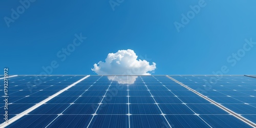 Solar panels reflecting the sky with a single cloud above them.