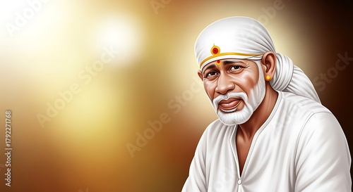 Sai Baba of Shirdi wallpaper Hindu God with clouds rays mountains 3D Rendering style Lord Statue for mandir temple Om Sai Ram
