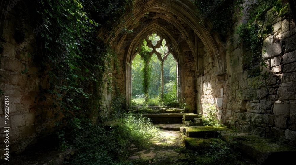 Obraz premium Sunlit Gothic Arch Window in Overgrown Stone Ruin.