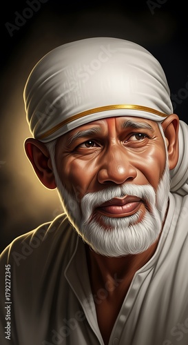 Sai Baba of Shirdi wallpaper Hindu God with clouds rays mountains 3D Rendering style Lord Statue for mandir temple Om Sai Ram
