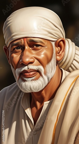 Sai Baba of Shirdi wallpaper Hindu God with clouds rays mountains 3D Rendering style Lord Statue for mandir temple Om Sai Ram
