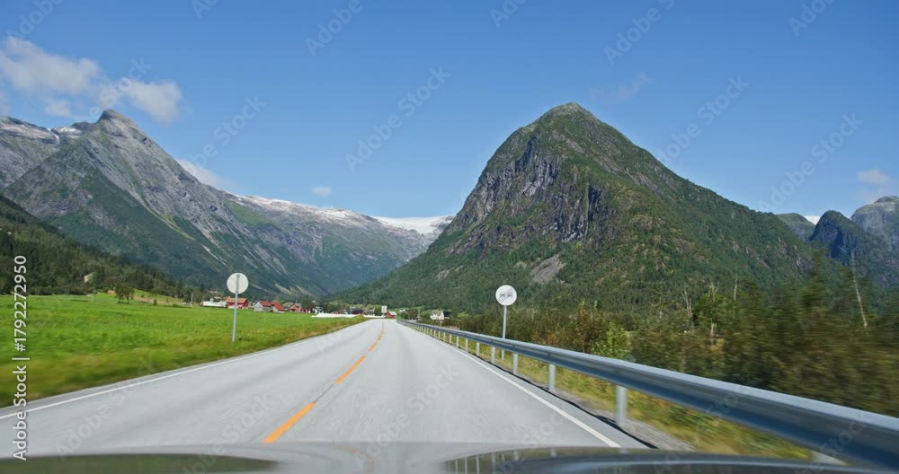 Norway Scenic Drive near Jostedalsbreen Glacier Valley - POV car on sunny summer day