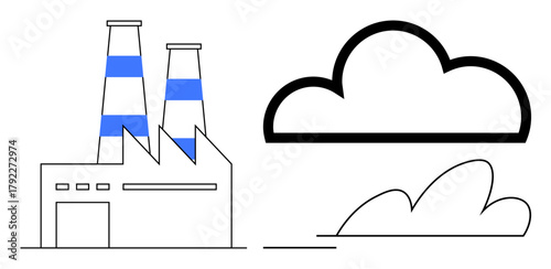 Industrial building with two smokestacks producing smoke next to a cloud. Ideal for environment, pollution, climate change, sustainability, energy, industries, air quality. Simple flat metaphor