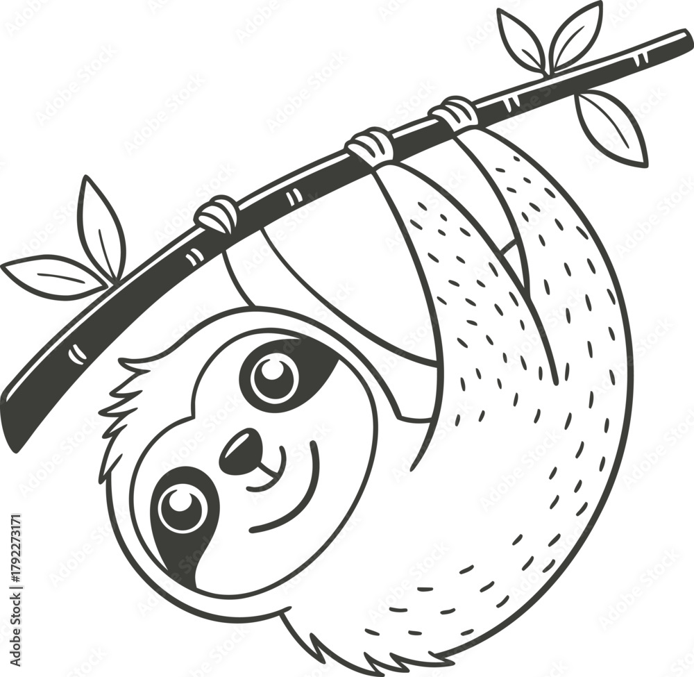 Naklejka premium Cute hand drawn sloth hanging from a tree branch with leaves