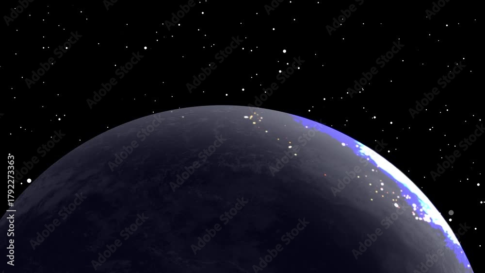 Earth at Night from Space with City Lights and Stars in the animation Background image photo, Earth's night side with animated stars create a realistic space view, showcasing planet and cosmic motion