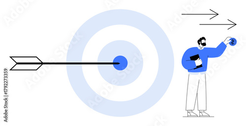 Arrow hitting target, man analyzing strategy, holding clipboard and gear. Ideal for goals, progress, precision, teamwork, productivity success and planning. Minimal simple flat metaphor
