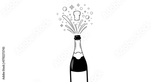 Vector of a champagne bottle popping with bubbles and stars, monochrome design, simple and elegant