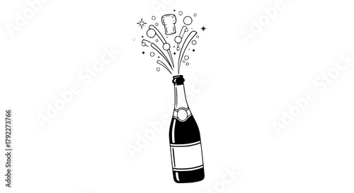 Vector of a champagne bottle popping with bubbles and stars, monochrome design, simple and elegant