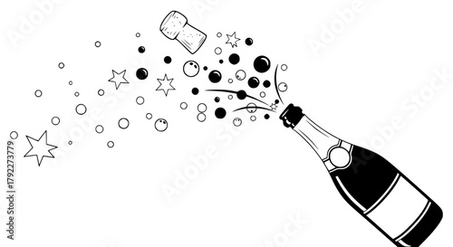 Vector of a champagne bottle popping with bubbles and stars, monochrome design, simple and elegant