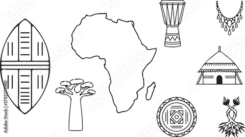 African Culture Line Art Illustration Set Representing Traditional Symbols and Elements of Heritage and Diversity for Creative Projects and Designs