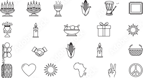 A Collection of Holiday and Cultural Icons in a Simple Line Art Style for Diverse Celebrations and Universal Themes including Religious Symbols and Harvest Produce