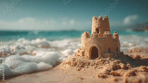 Fototapeta Naklejka Na Ścianę i Meble -  Sandcastle on a beach with waves and ocean in the background on a sunny day at the sea