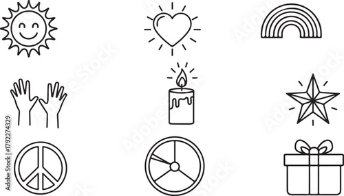 Collection of Line Art Icons Featuring Sun Heart Rainbow Peace Symbol Star Gift and Candle representing Happiness Love and Celebration in a Graphic Design Set