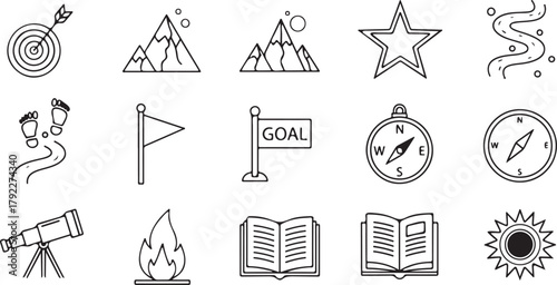 Conceptual Doodle Illustration of Exploration Goals and Discovery featuring a Target Mountains Compass and Telescope for Adventure and Inspiration