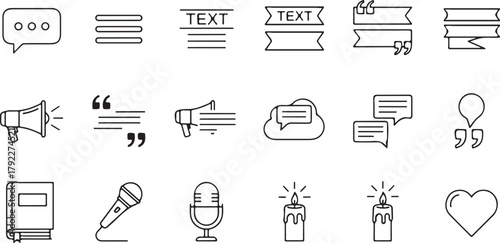 Set of linear icons related to communication and expression featuring speech bubbles text formatting and audio devices ideal for interface design and illustrative content creation