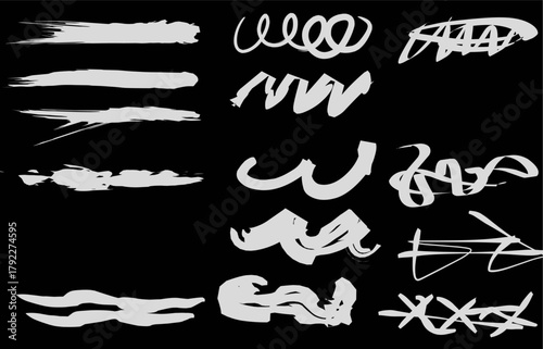 Set of abstract white brush strokes and grunge textures on black background. Perfect for design elements, posters, backgrounds, and artistic projects.