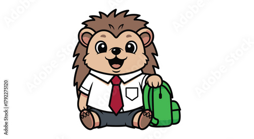 A cute cartoon hedgehog student wearing a school uniform with a red tie and holding a green backpack.