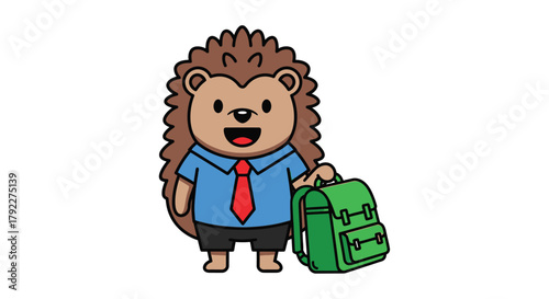 A cute cartoon hedgehog wearing a blue shirt and red tie, holding a green backpack, ready for school.
