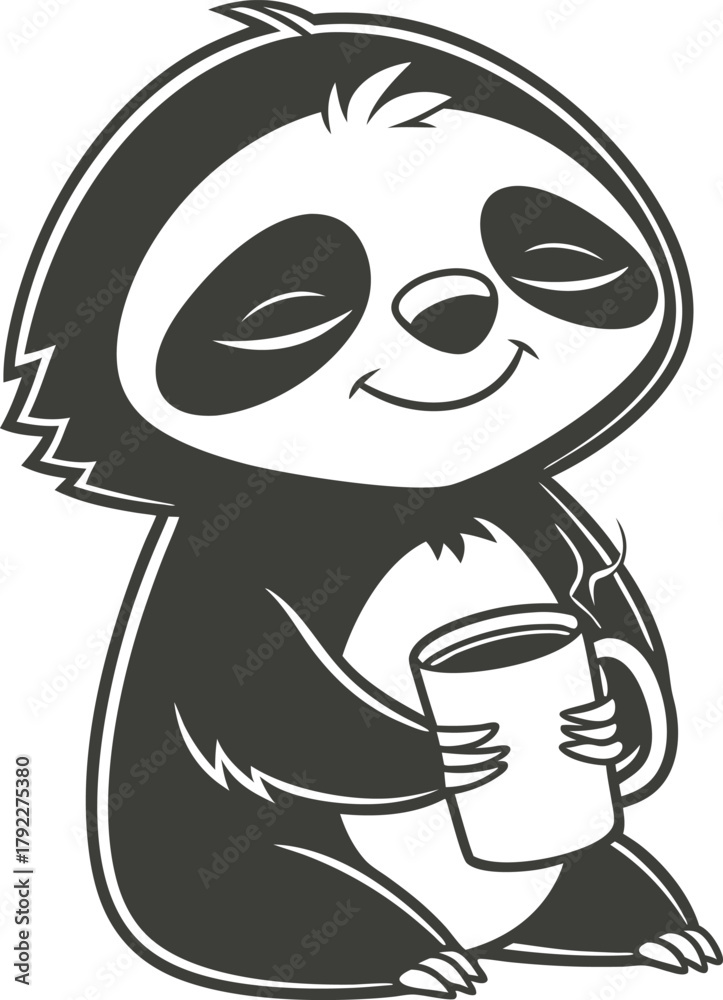 Naklejka premium Cute cartoon sloth holding a mug of coffee with eyes closed