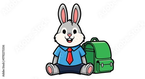 A cute cartoon rabbit wearing a blue shirt, red tie, and dark pants, sitting next to a green backpack.