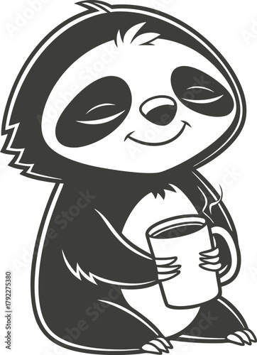 Cute cartoon sloth holding a mug of coffee with eyes closed