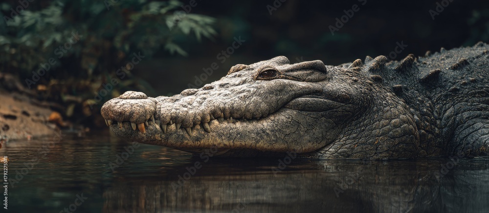 Obraz premium Large Grey Crocodile Resting in Murky Water with Dark Green Foliage