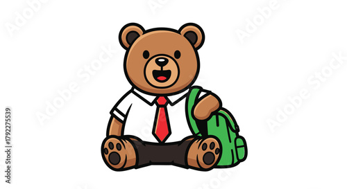 A cute cartoon brown teddy bear wearing a school uniform with a white shirt, red tie, and black pants, sitting happily while holding a green backpack.