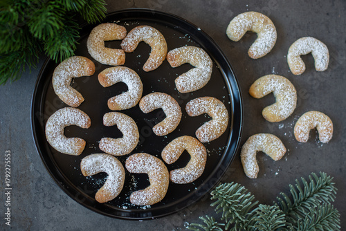 Christmas cookies baking on wooden background