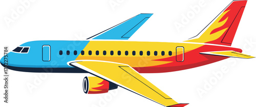 A colorful passenger airplane in profile, depicted in a vibrant cartoon style illustration isolated on a white background.