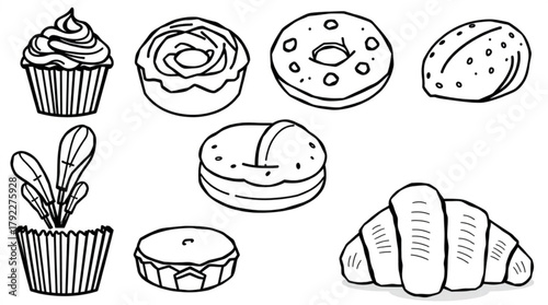 Line drawing of assorted pastries including cupcakes donuts and a croissant in black and white style created with generated ai