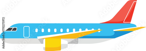 Side view of a colorful passenger airplane illustration isolated on a white background.
