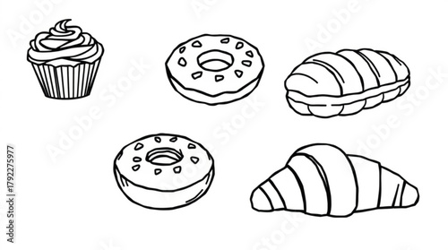 Outlined cupcake donuts and croissants arranged on a white background in a simple line art style created with generated ai