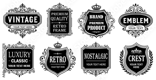 Elegant vector set of vintage labels and badges in black-and-white style, featuring ornate frames, royal crests, decorative flourishes, and retro typography for luxury branding and classic design 
