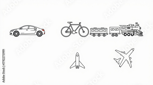 Illustration of various vehicles including a car, bicycle, train, rocket, and airplane design vector created with generated ai