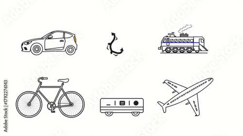 Illustration of various modes of transportation including a car train plane and bicycle on white background created with generated ai