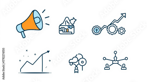 Illustration of marketing icons including a megaphone, graph, and networking symbols arranged neatly created with generated ai