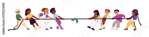 Rival groups of kids play tug of war. Children teams pull rope against each other. Diverse girls and boys have fun in sports contest. Teamwork competition. Flat isolated vector illustration on white