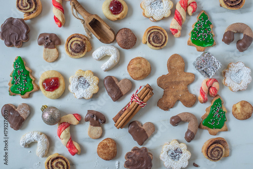 Christmas cookies baking on wooden background