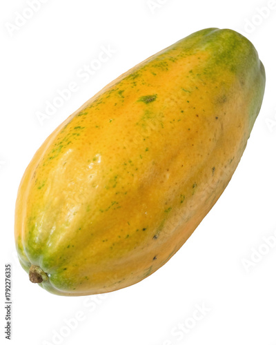 A single, ripe papaya fruit with a yellow and green skin, isolated on a white background, showcasing its smooth texture and oblong shape.