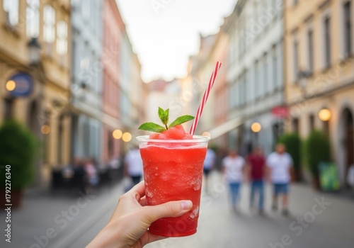 Hand holding a refreshing strawberry smoothie watermelon garnish on a blurred city street background
