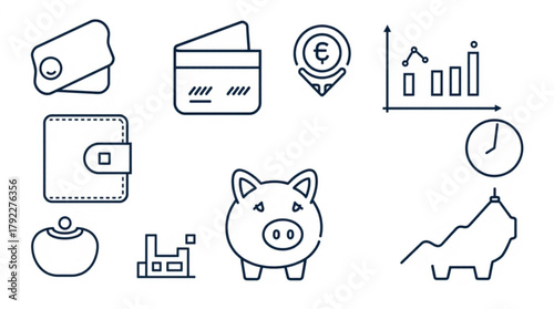 Outline style icons representing finance, including cards, wallet, piggy bank and time management created with generated ai