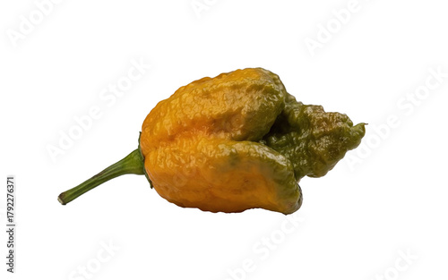 Pepper X chili peppers, known as the hottest chili in the world, shown in close-up with their wrinkled texture and green-orange color, isolated on a white background.