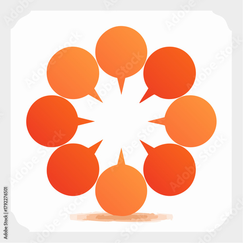 Design a community forum logo with multiple speech bubbles overlapping to form a community circle. Warm colors like orange and coral. Friendly, inclusive, and welcoming aesthetic.
