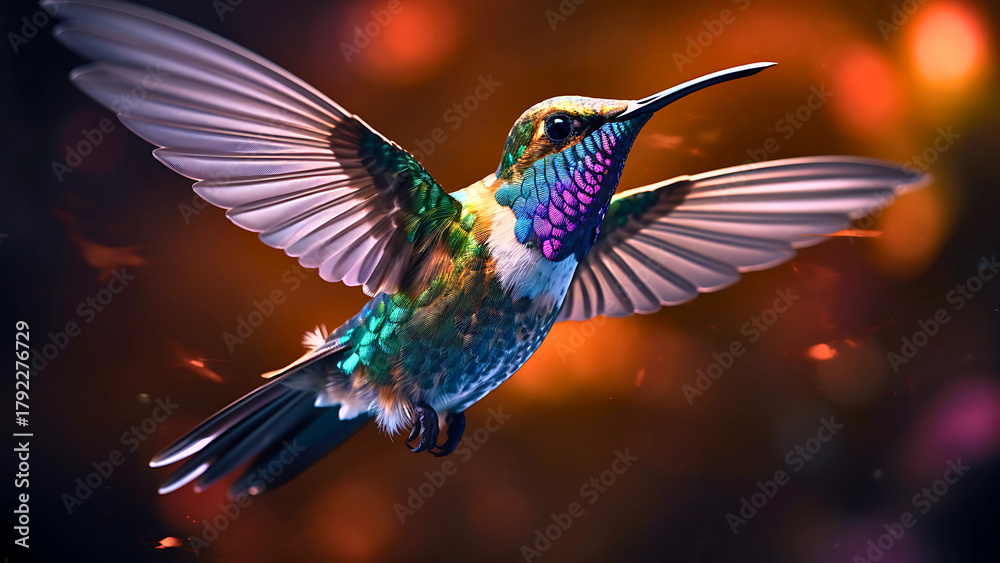 Obraz premium Iridescent, colorful hummingbird hovering in flight with outstretched wings against a vibrant orange and red background